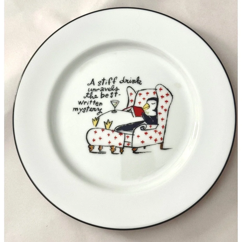 Vintage Pottery Barn Tipsy Penguins Plates Set of 7 Cocktail Dessert Japan